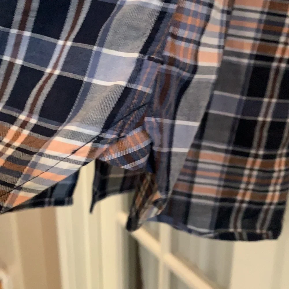 Banana Republic blue & orange plaid short sleeve button down shirt
